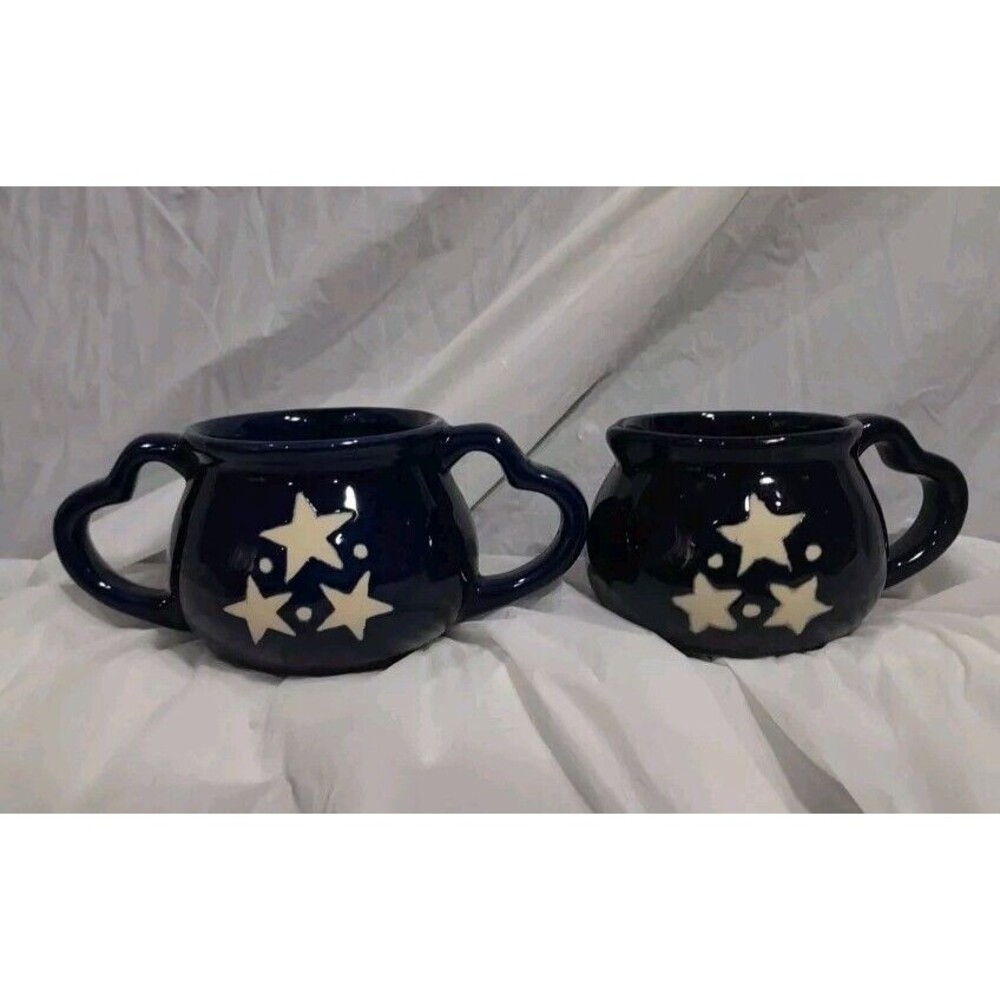 Pottery Open Sugar and Creamer Set, Cobalt Blue, Stars, Heart Handle